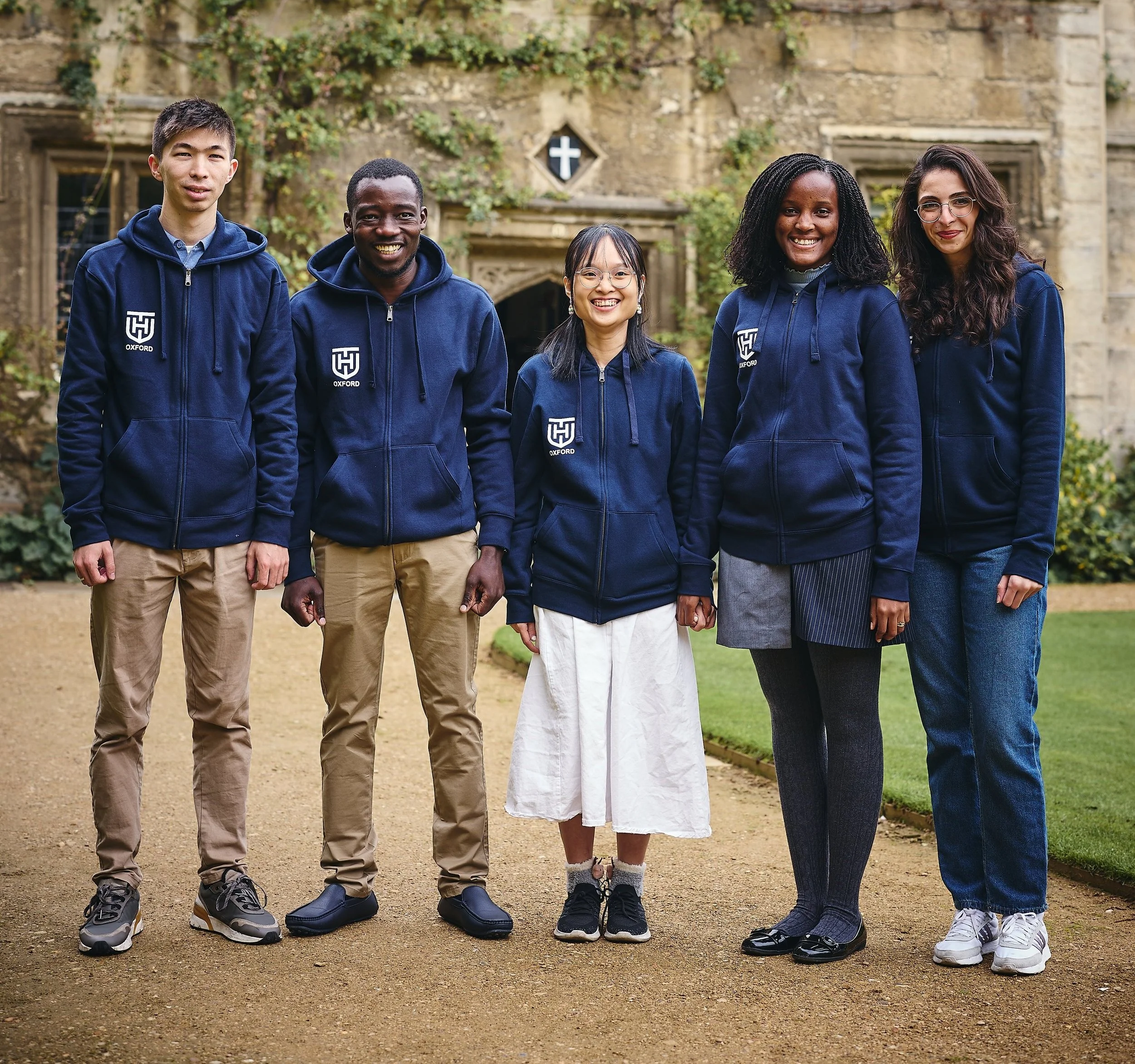 Left to right: Scholars Alisher, David, May, Vanessa, and Alaa at Worcester College